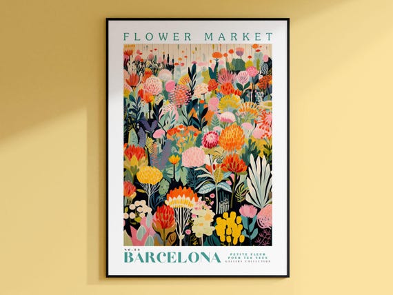 Barcelona Flower Market Travel Poster, Modern Botanical Art