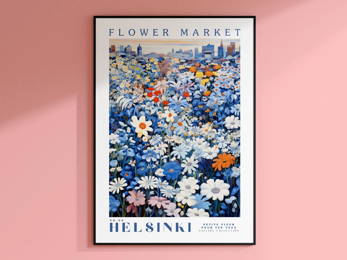 Helsinki Flower Market Travel Poster, Blue Flowers