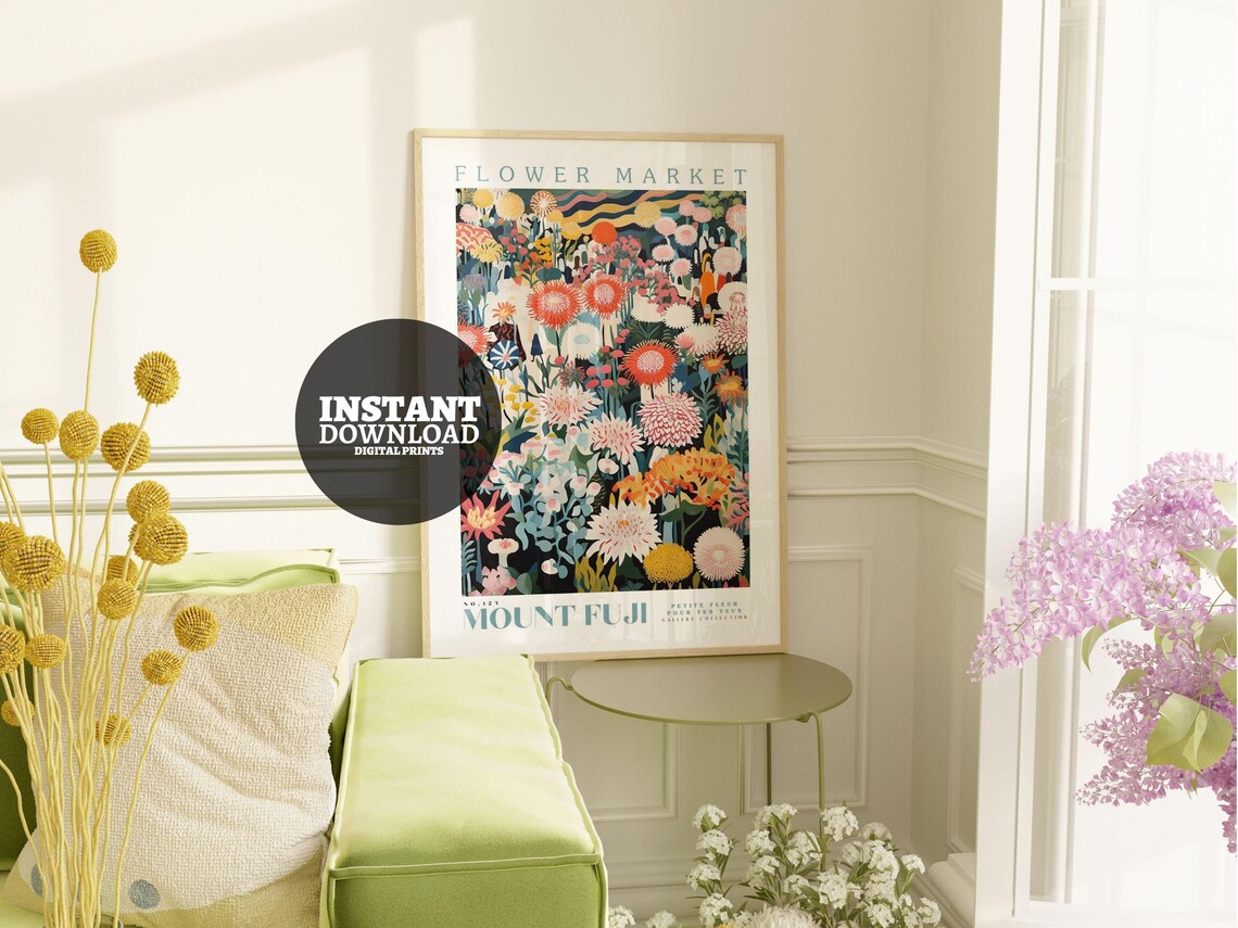 Flower Market, Mount Fuji Botanical Art Print