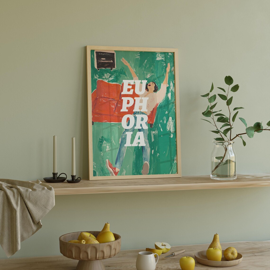 Euphoria Joyful Dancing Woman Emerald Green Retro Music Art Poster - Image 3