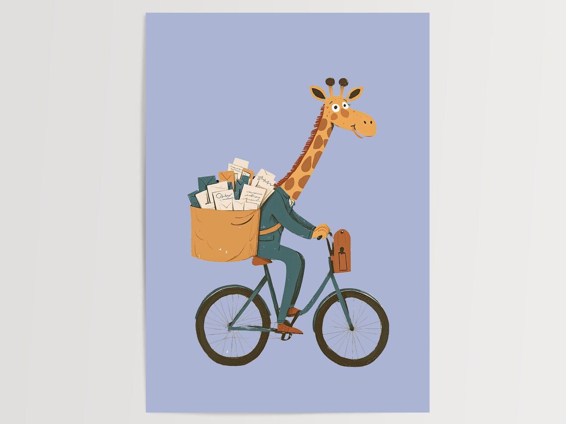 Giraffe Riding Bicycle Mail Carrier Cute Nursery Kids Poster - Image 2