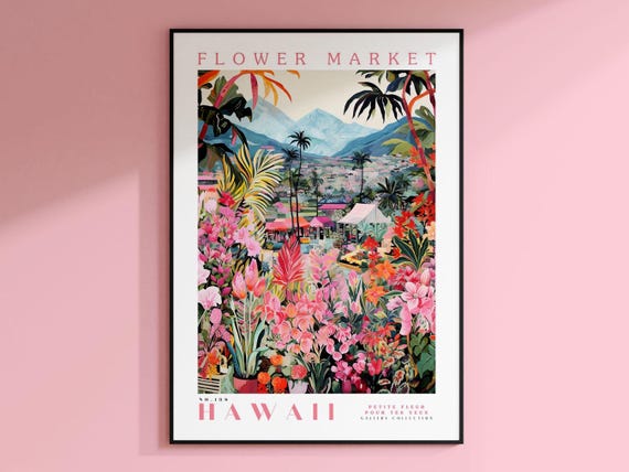 Hawaii Flower Market Travel Poster, Tropical Decor