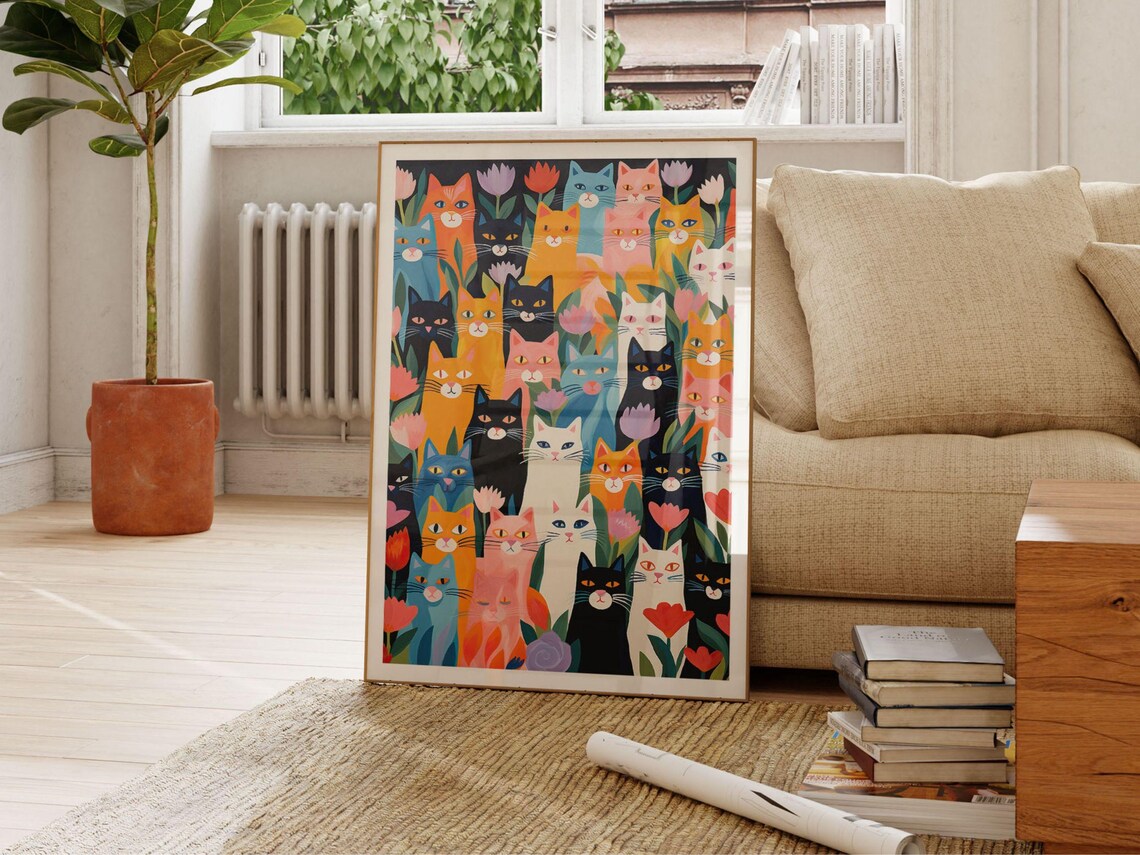 Colorful Cartoon Cats Crowd Among Tulips Garden Beautiful Poster - Image 2