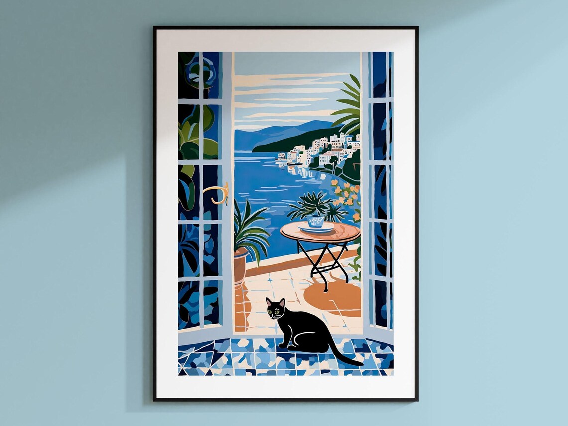 Black Cat On Blue Tiled Balcony Overlooking The Sea View Poster