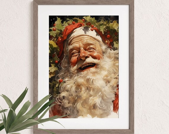 Laughing Santa Claus Watercolor Holly Berries Joyful Christmas Wall Art
