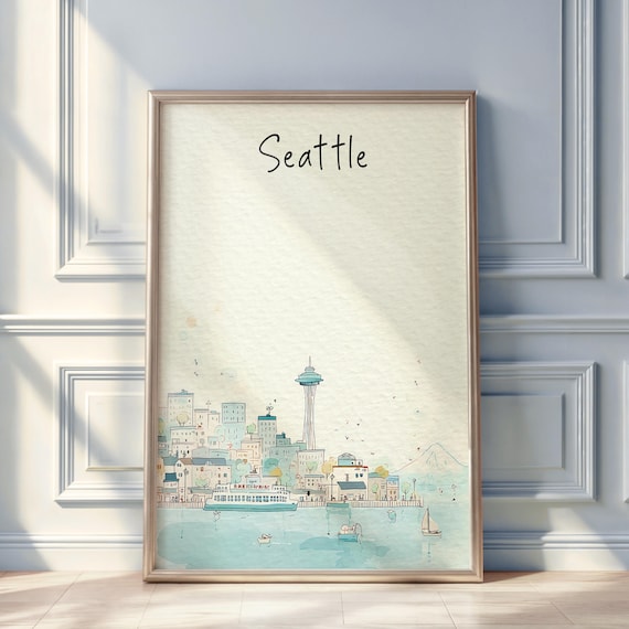 Seattle Watercolor Skyline Poster Space Needle Minimal City Travel Art