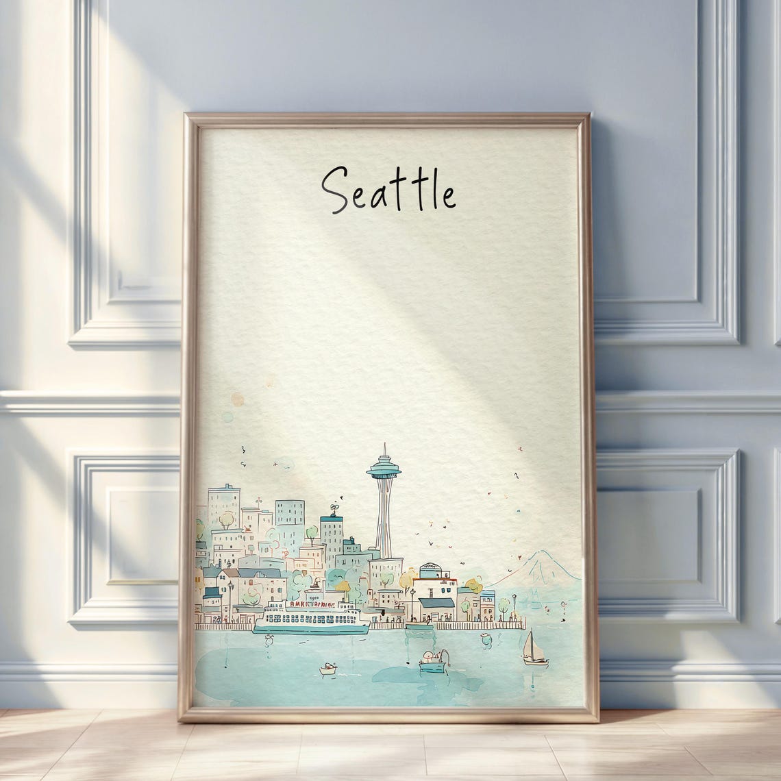 Seattle Watercolor Skyline Poster Space Needle Minimal City Travel Art