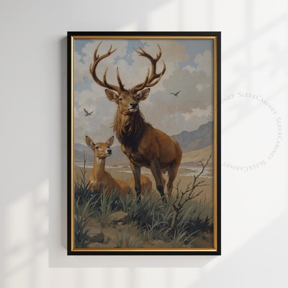 Red Deer Stag and Fawn Highland Meadow Vintage Wildlife Poster