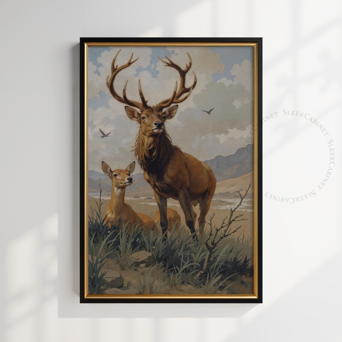 Red Deer Stag and Fawn Highland Meadow Vintage Wildlife Poster