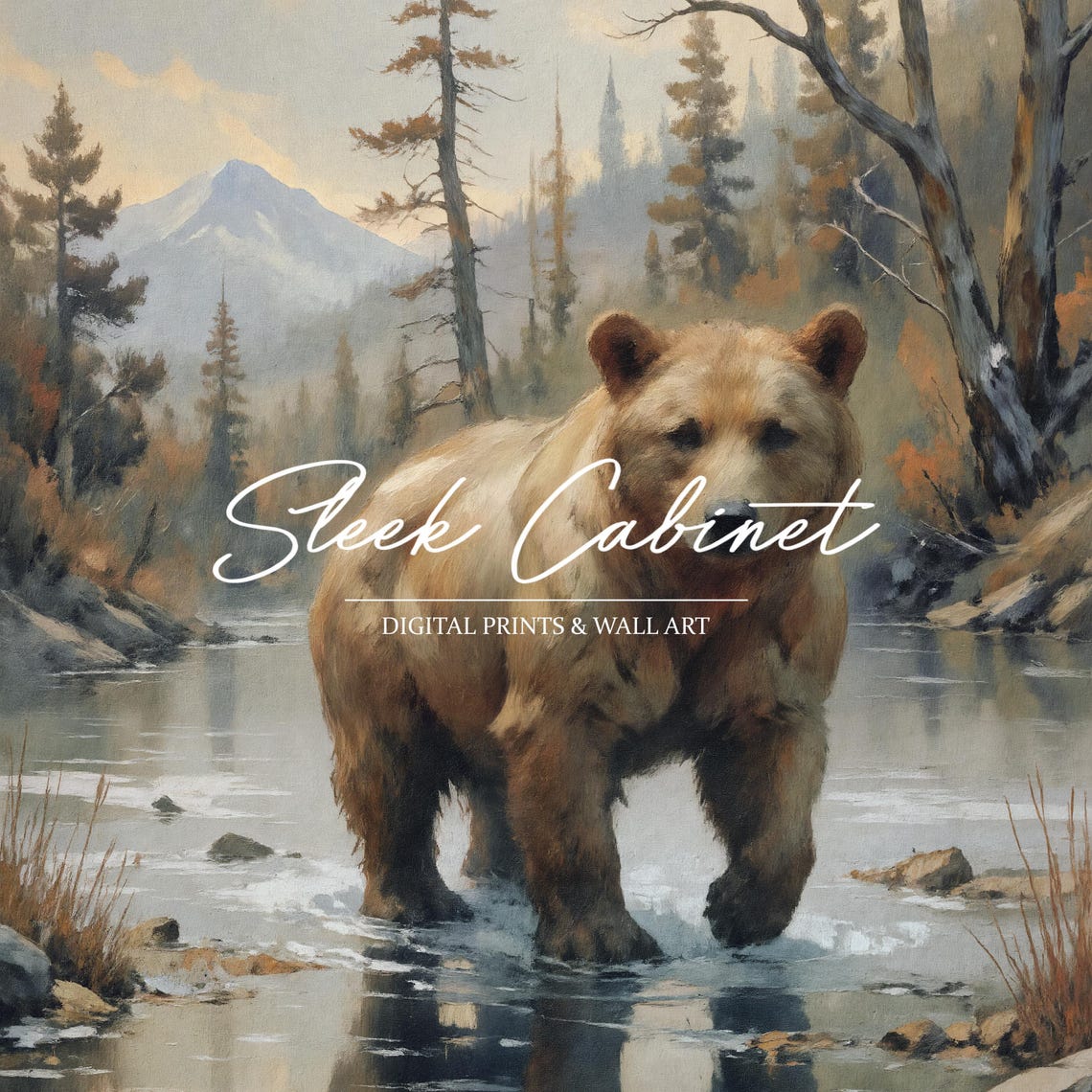 Brown Bear Mountain Stream Pine Forest Rustic Wildlife Art Poster - Image 4