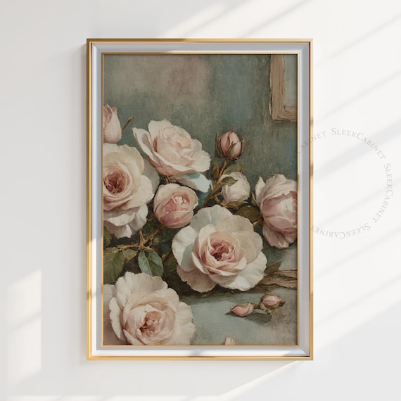 Moody Vintage Flower Print Dark Floral Still Life Oil Painting Dark Academia Wall Art Antique Art Pdozy3