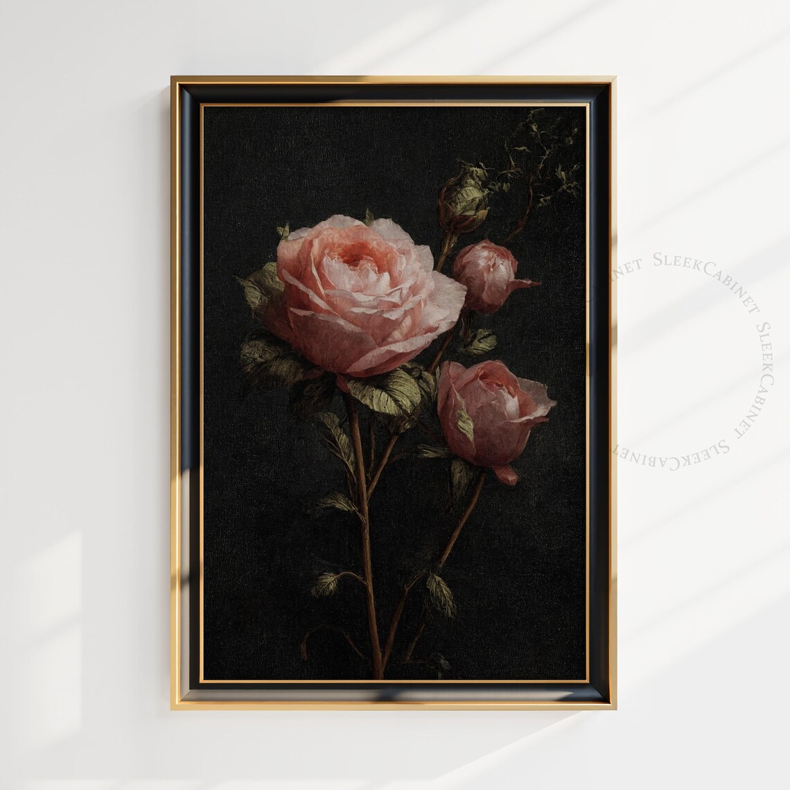 Pink Rose Stem with Buds Dark Background Moody Floral Poster