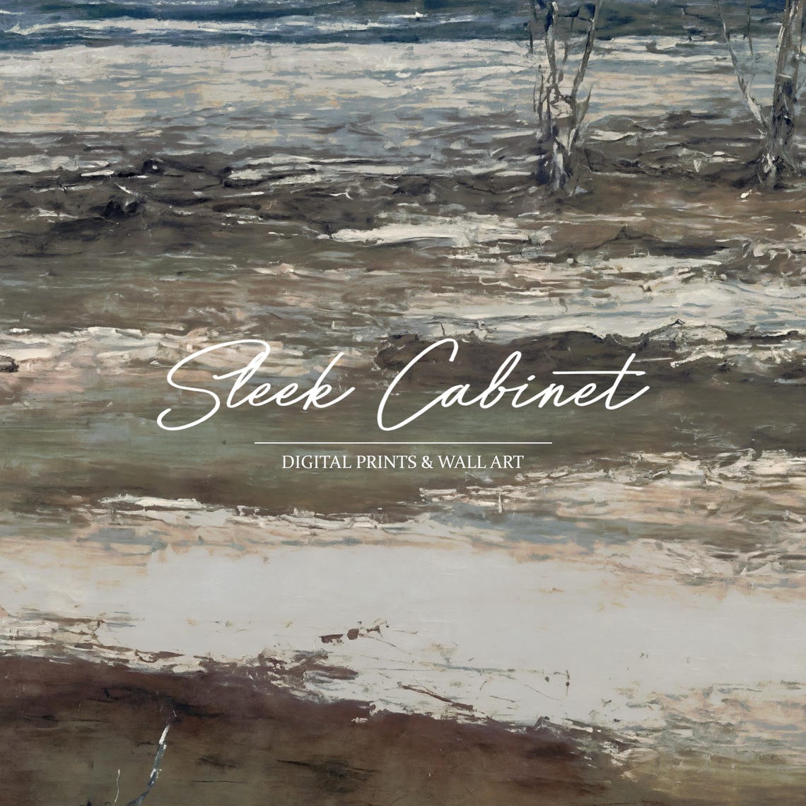 Abstract Winter Landscape Birch Trees Muted Tonal Oil Art Poster - Image 4