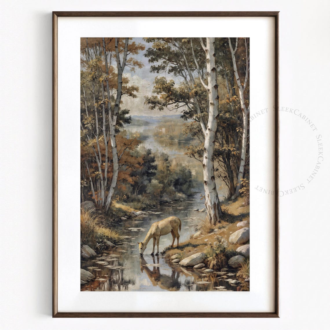 Deer Drinking Forest Stream Birch Trees Nature Painting Poster - Image 2