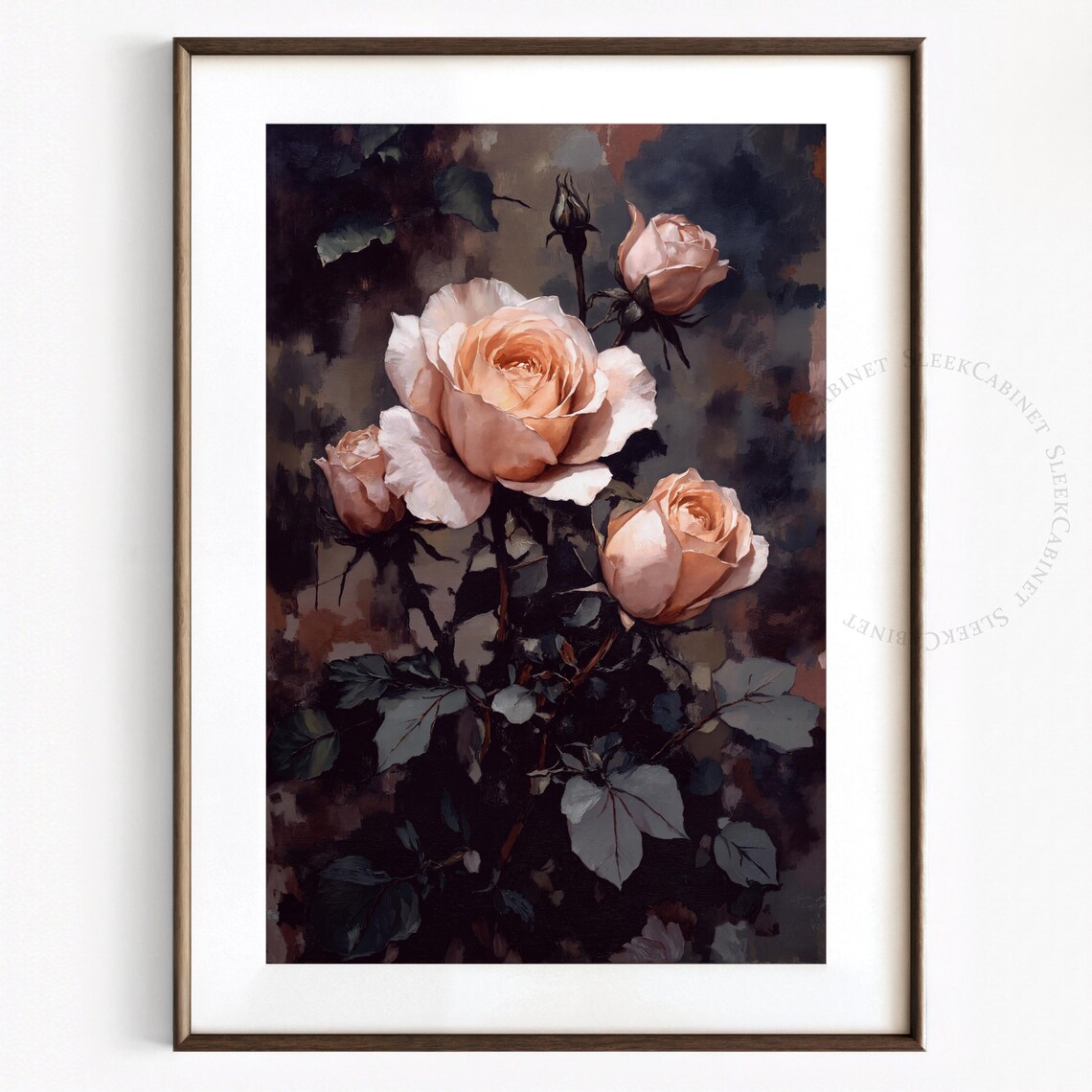 Peach Roses and Buds in Shadow Vintage Moody Floral Wall Art - Image 2