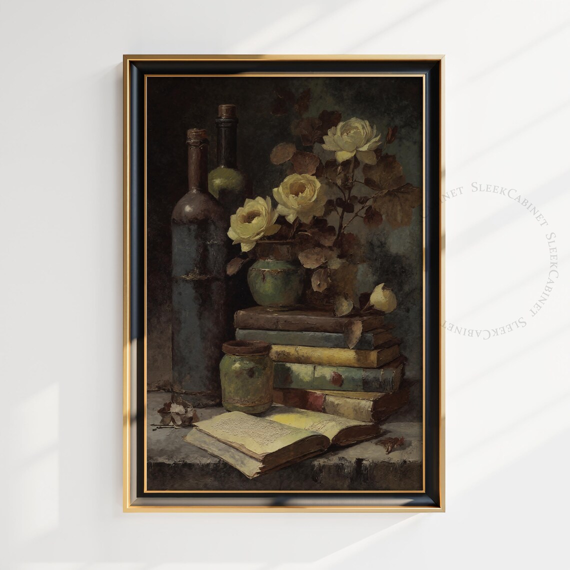 Dark Academia Books Bottles Cream Roses Still Life Art Poster