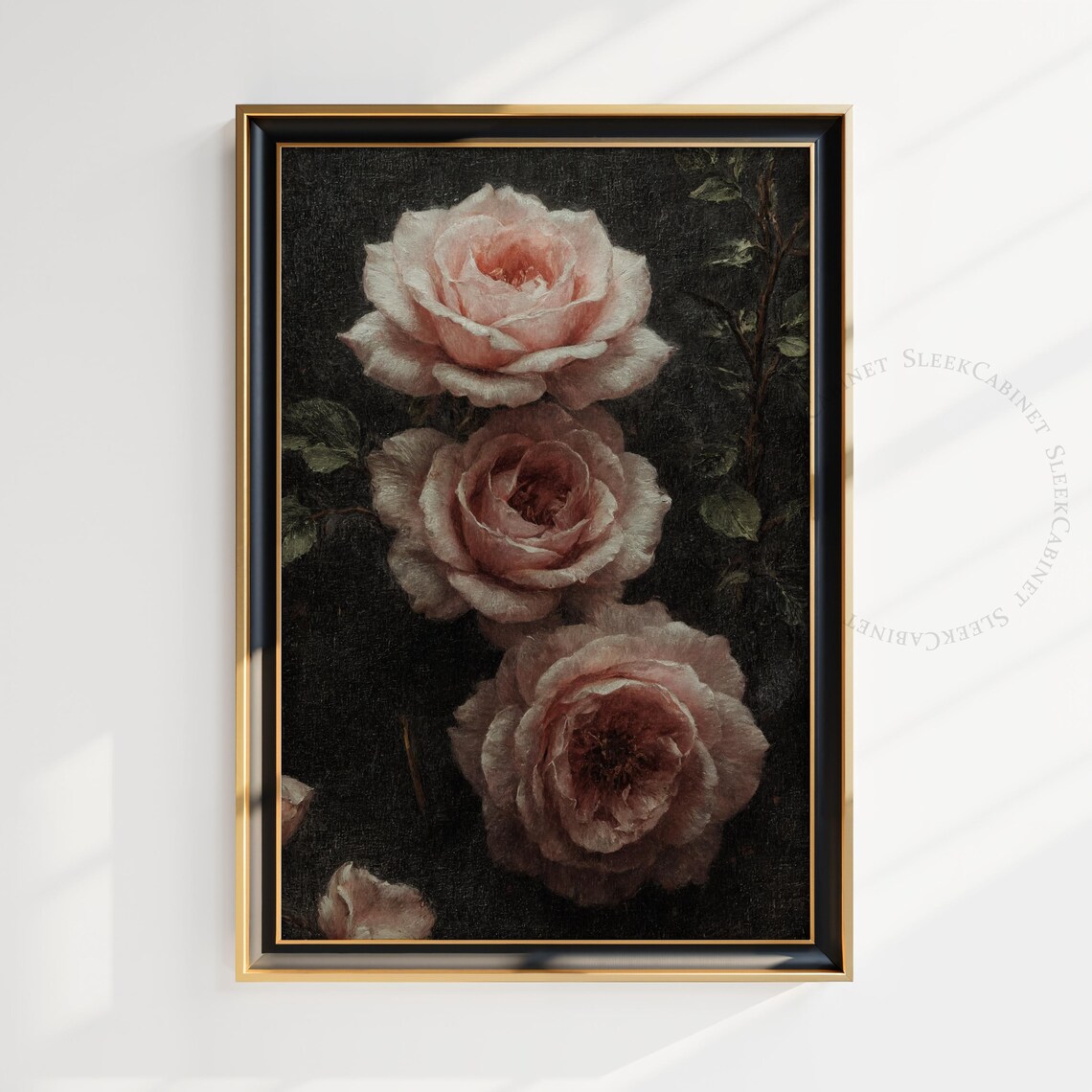 Three Pink Roses on Black Vintage Dark Floral Oil Painting Poster