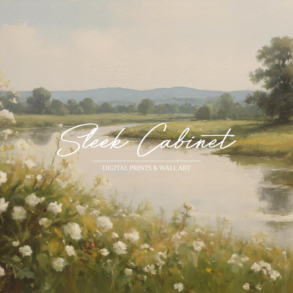 Riverside Wildflowers White Blossoms Pastoral Meadow Art Poster - Image 4