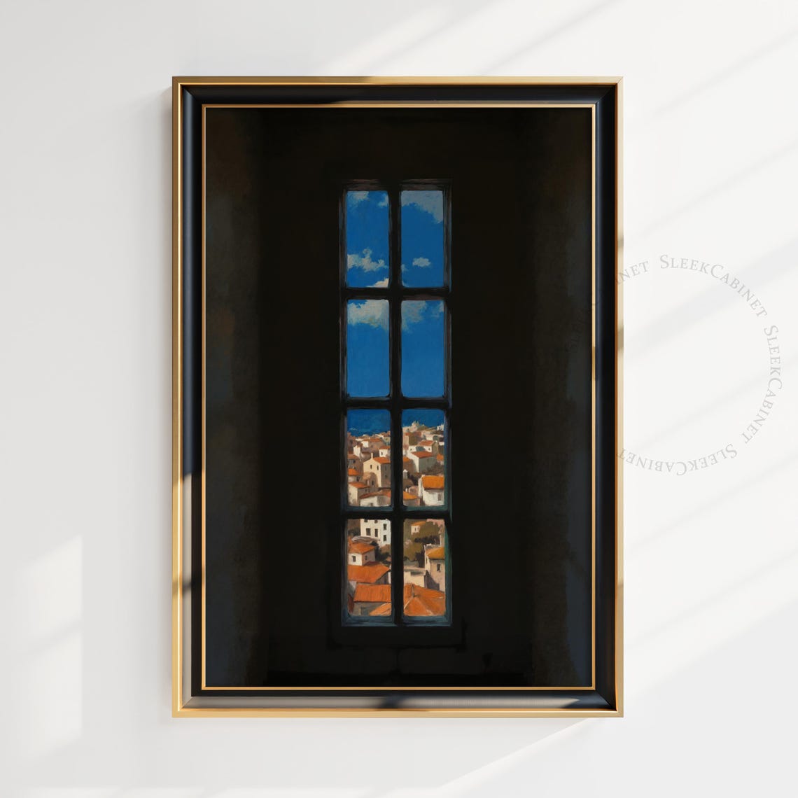 Dark Window View Mediterranean Coastal Town Red Roofs Art Poster
