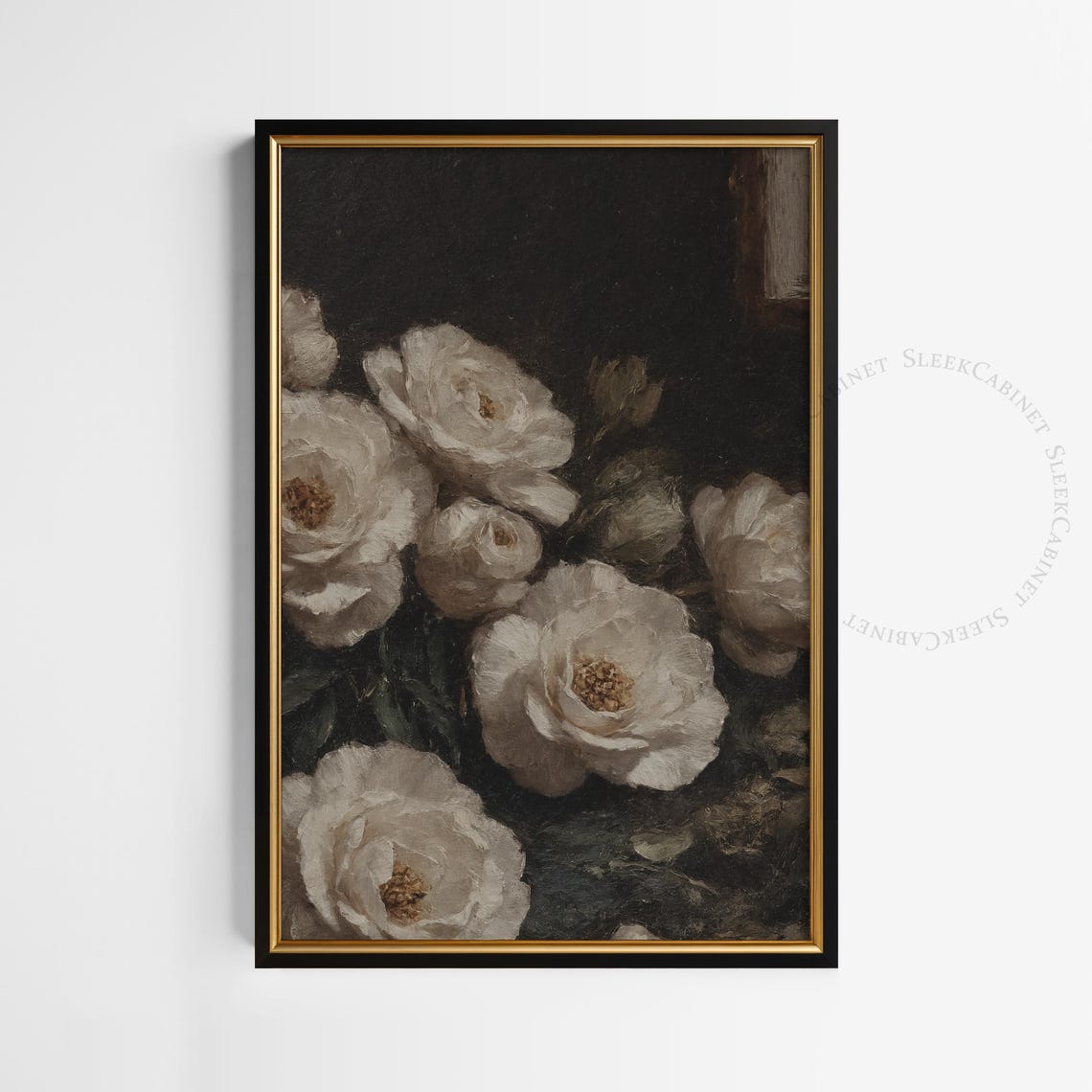 White Roses Dark Background Vintage Impasto Floral Oil Painting Poster - Image 2