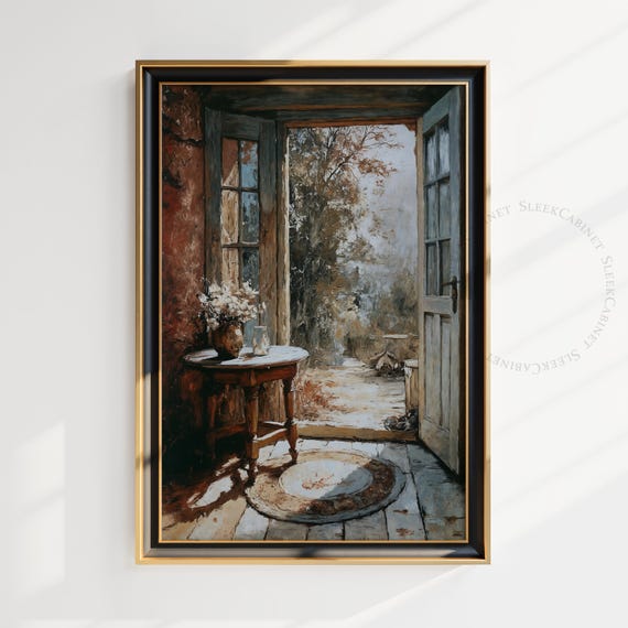 Rustic Cottage Doorway Print Sunlit Interior Oil Painting French Country Wall Art Farmhouse Home Decor Vintage Lctpy2