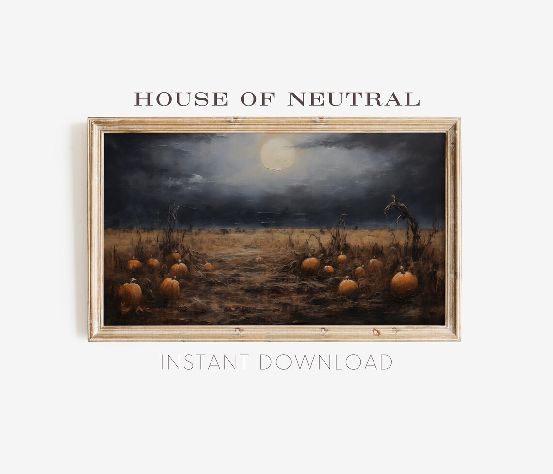 Pumpkin Patch at Night Moonlit Field Moody Oil Painting Fall Art Poster - Image 4