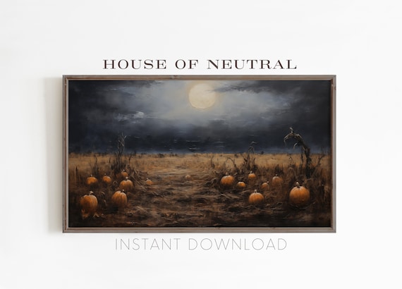 Pumpkin Patch at Night Moonlit Field Moody Oil Painting Fall Art Poster
