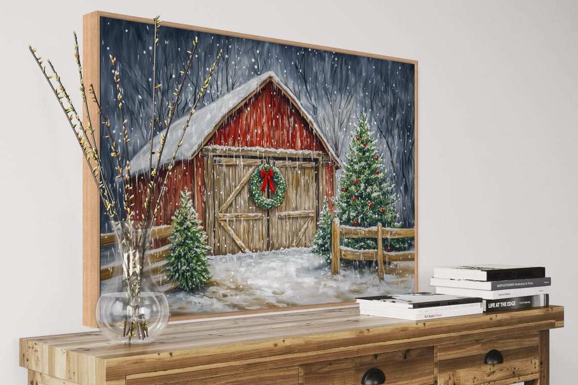 Rustic Red Barn Christmas Snowy Wreath Trees Holiday Farmhouse Print - Image 3