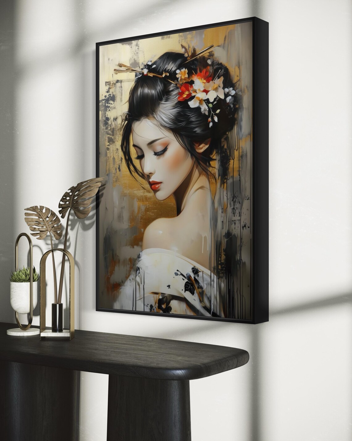 Elegant Geisha Portrait Gold Background Japanese Floral Beauty Poster - Image 4