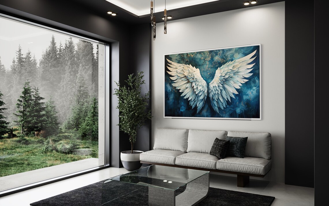 White Angel Wings Deep Blue Abstract Celestial Spiritual Art Print Wall Poster - Image 3