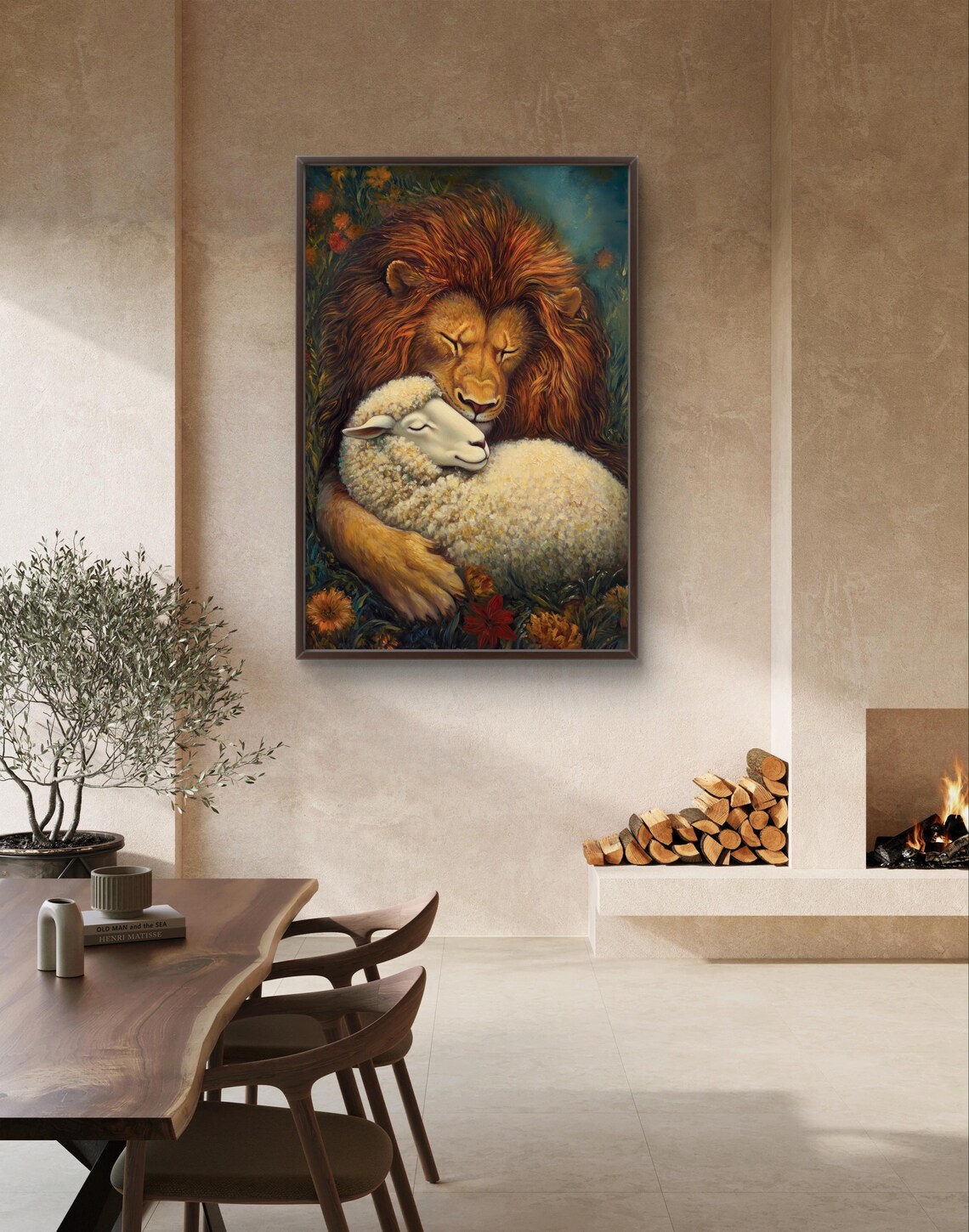 Lion And Lamb Embrace Symbolic Harmony Warm Floral Spiritual Wall Poster - Image 2