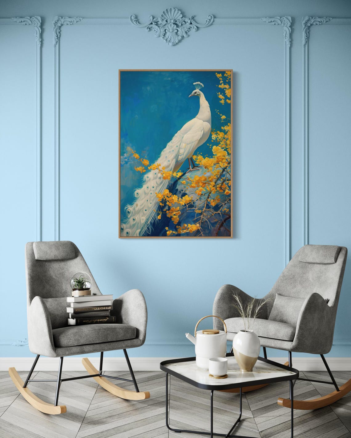 Elegant White Peacock Golden Blossoms Teal Blue Exotic Bird Art Poster - Image 3
