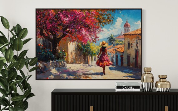 Vibrant Mexican Street Bougainvillea Village Woman Walking Art Print