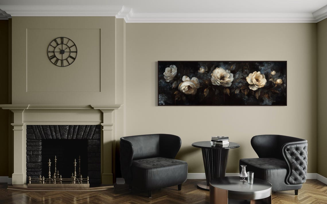 Moody White Floral Panoramic Dark Botanical Elegant Neutral Art Poster - Image 2