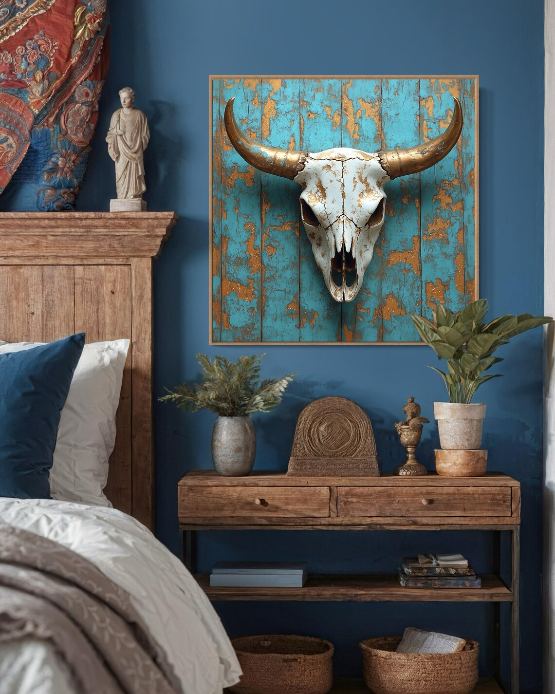 Rustic Bull Skull Gold Horns Turquoise Distressed Wood Southwest Art Print - Image 2