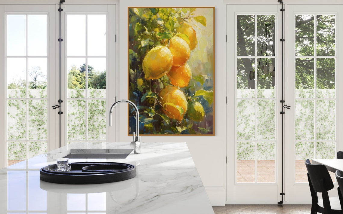 Sunlit Lemons on Tree Branch Impressionist Kitchen Wall Art Print - Image 2