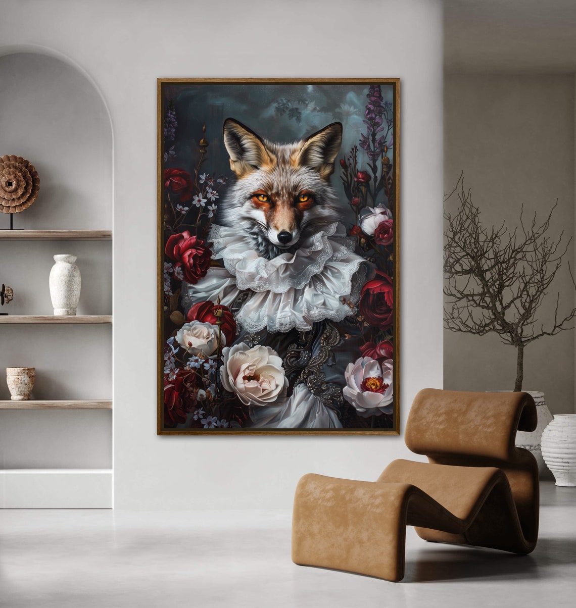 Regal Fox Ruffled Collar Dark Florals Baroque Style Portrait Wall Art - Image 3
