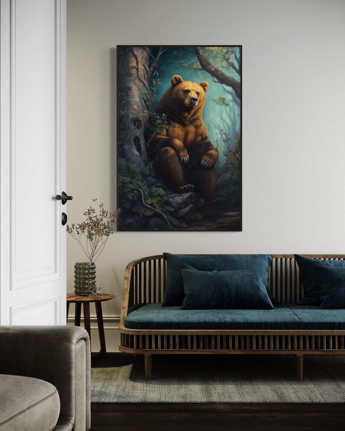 Majestic Brown Bear Forest Sitting Misty Woods Realistic Wildlife Art Poster - Image 3