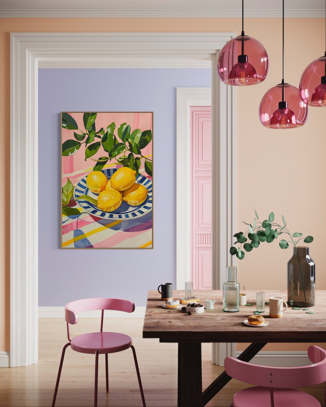 Sunny Lemons On Striped Plate Pink Green Pop Art Kitchen Poster - Image 4
