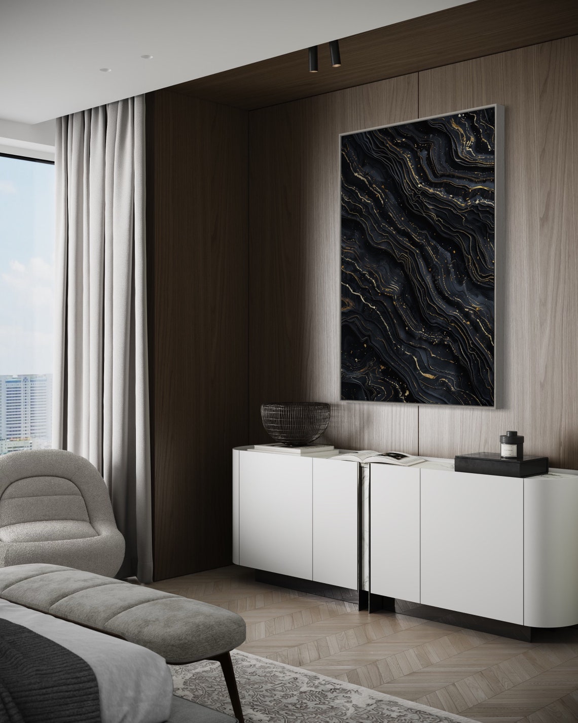 Monochrome Black Marble Gold Veins Luxury Abstract Art Print - Image 4