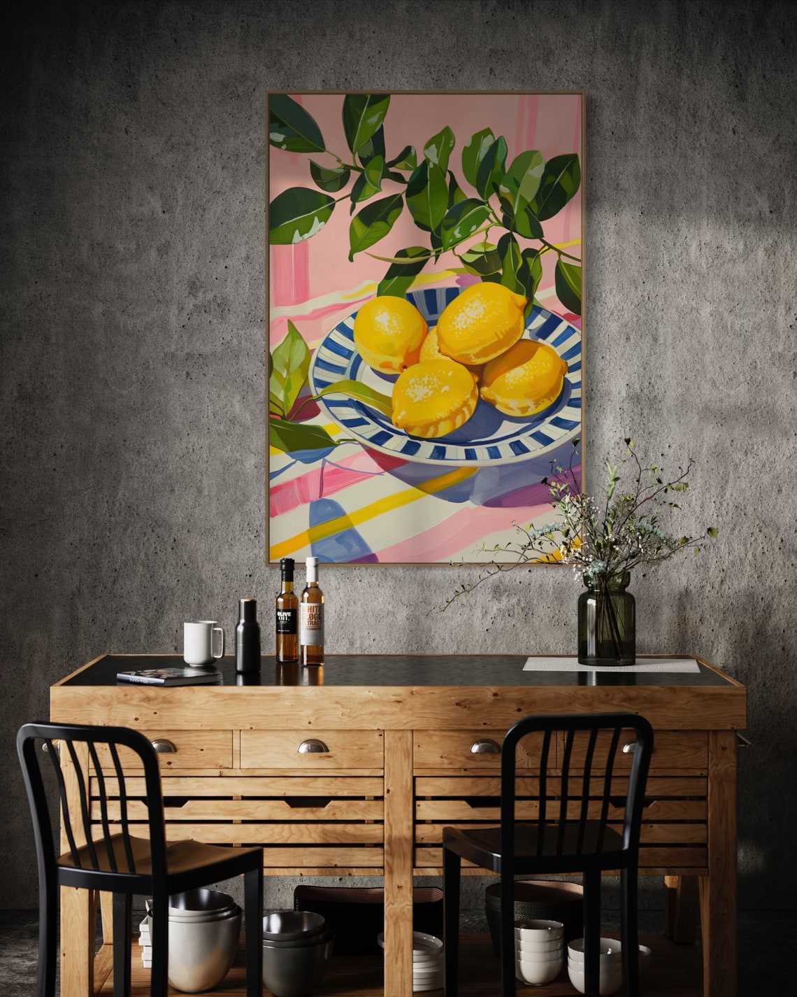 Sunny Lemons On Striped Plate Pink Green Pop Art Kitchen Poster - Image 3