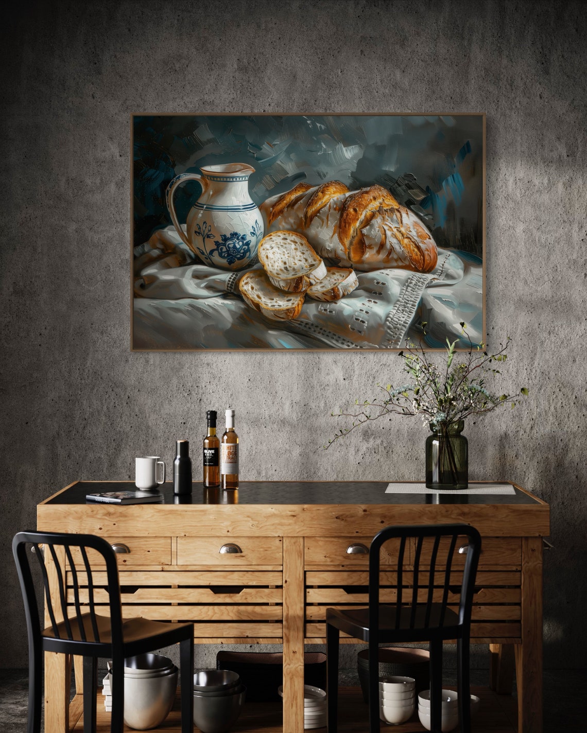 Rustic Bread Loaf Still Life Ceramic Pitcher Cozy Kitchen Wall Art - Image 4