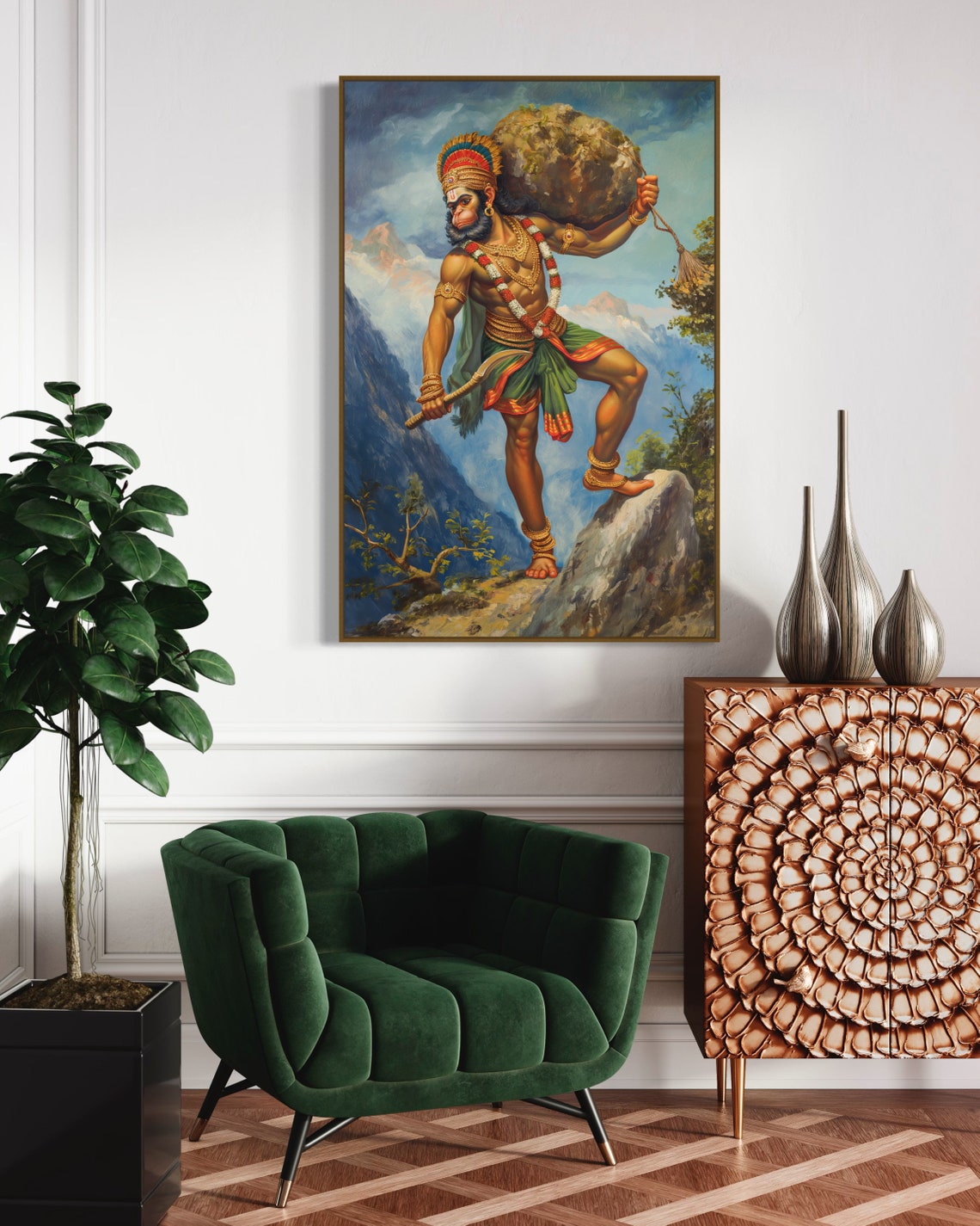 Lord Hanuman Carrying Mountain Divine Strength Spiritual Art Poster - Image 2