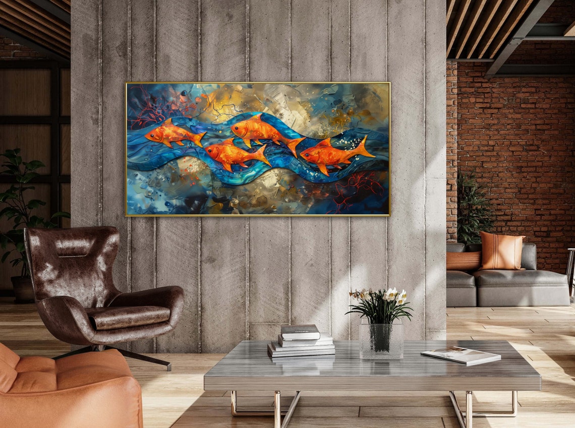 Vibrant Orange Koi Fish School Blue Water Panoramic Art Print - Image 2