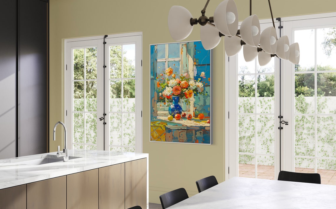Rose Bouquet in Blue Vase Sunlit Window Still Life Wall Art Print - Image 5