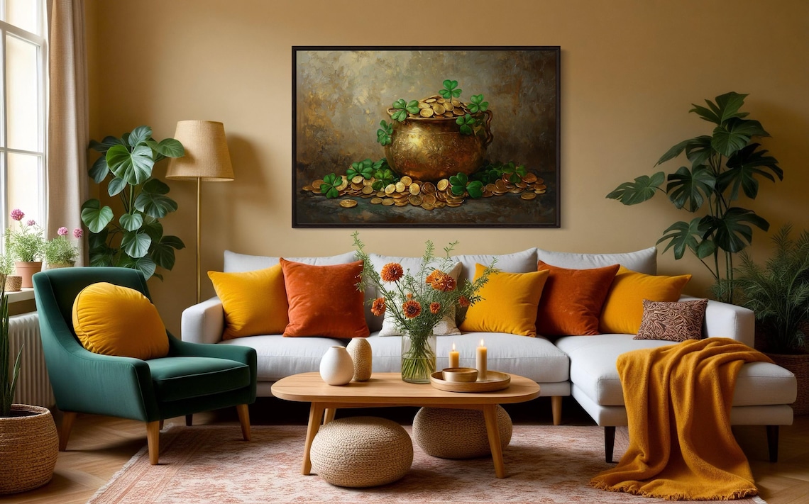 Golden Pot Of Coins Irish Luck, Shamrock Art Print - Image 4