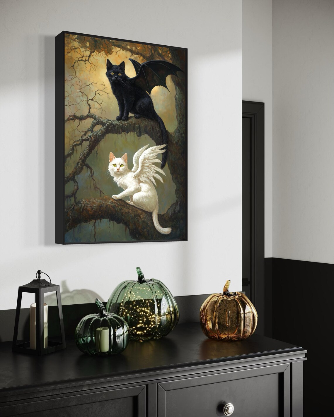 Fantasy Cat Print, Gothic Winged Cats in Forest - Image 4