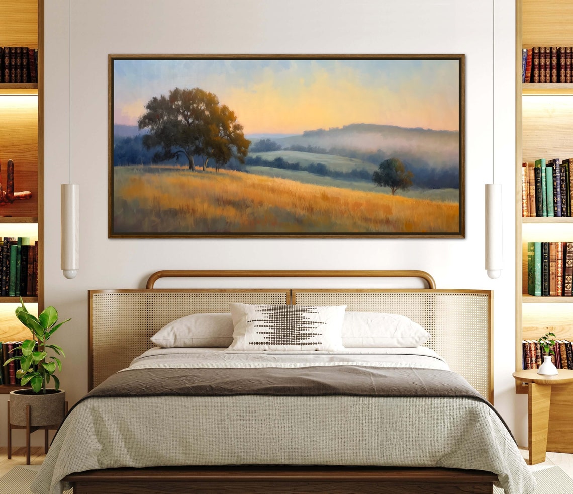 Rustic Charm At Dawn Panoramic Sunrise Painting Print Misty Meadow Wall Art Pastoral Landscape Print Rustic Panoramic Wall Art - Image 4
