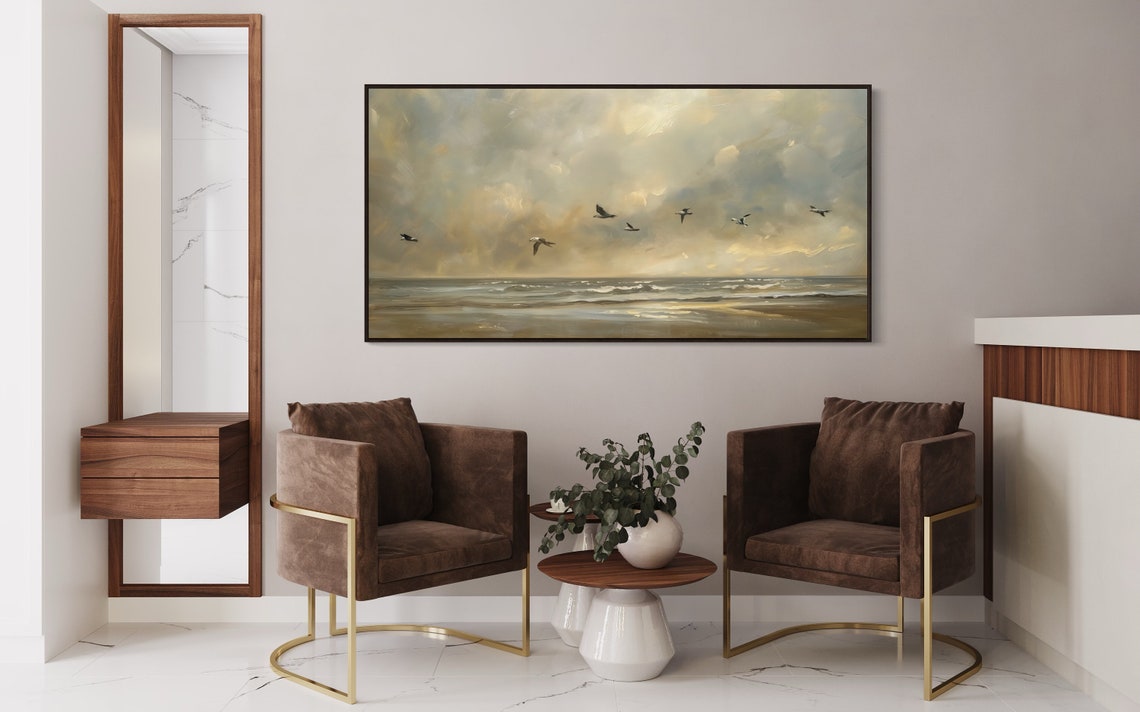 Seagulls Flying Over Moody Golden Ocean Seascape Rustic Wall Art - Image 2