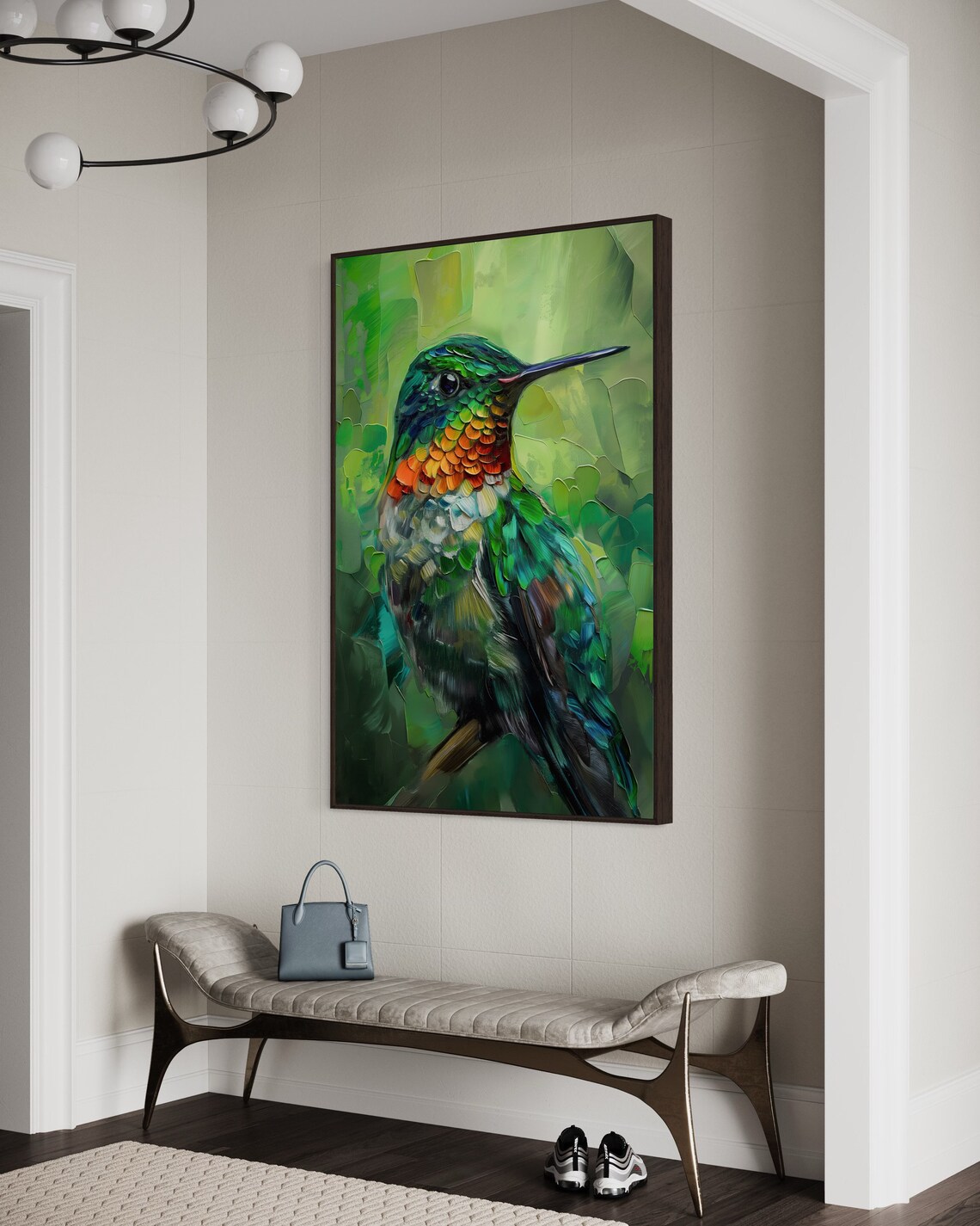 Colorful Hummingbird Oil Painting Green Impasto Bird Art Print - Image 2